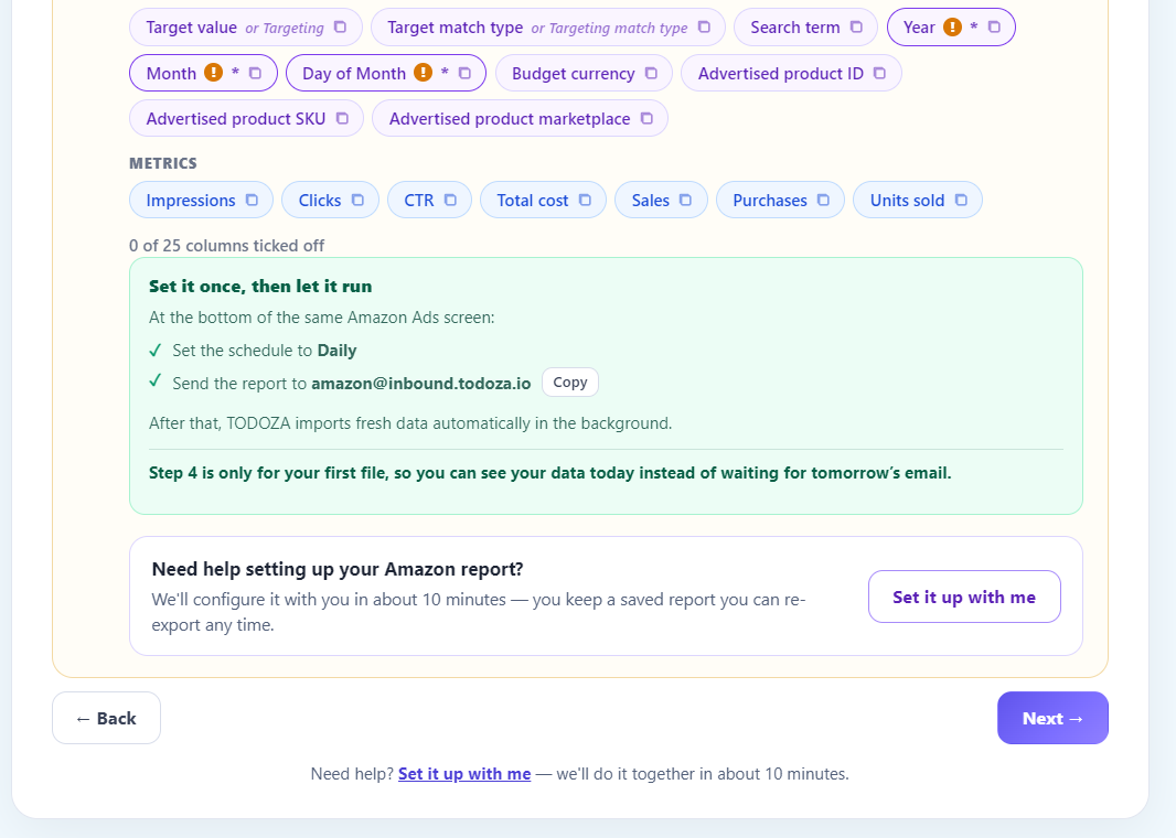 Todoza Amazon Ads onboarding wizard showing the required report columns and scheduled-email setup