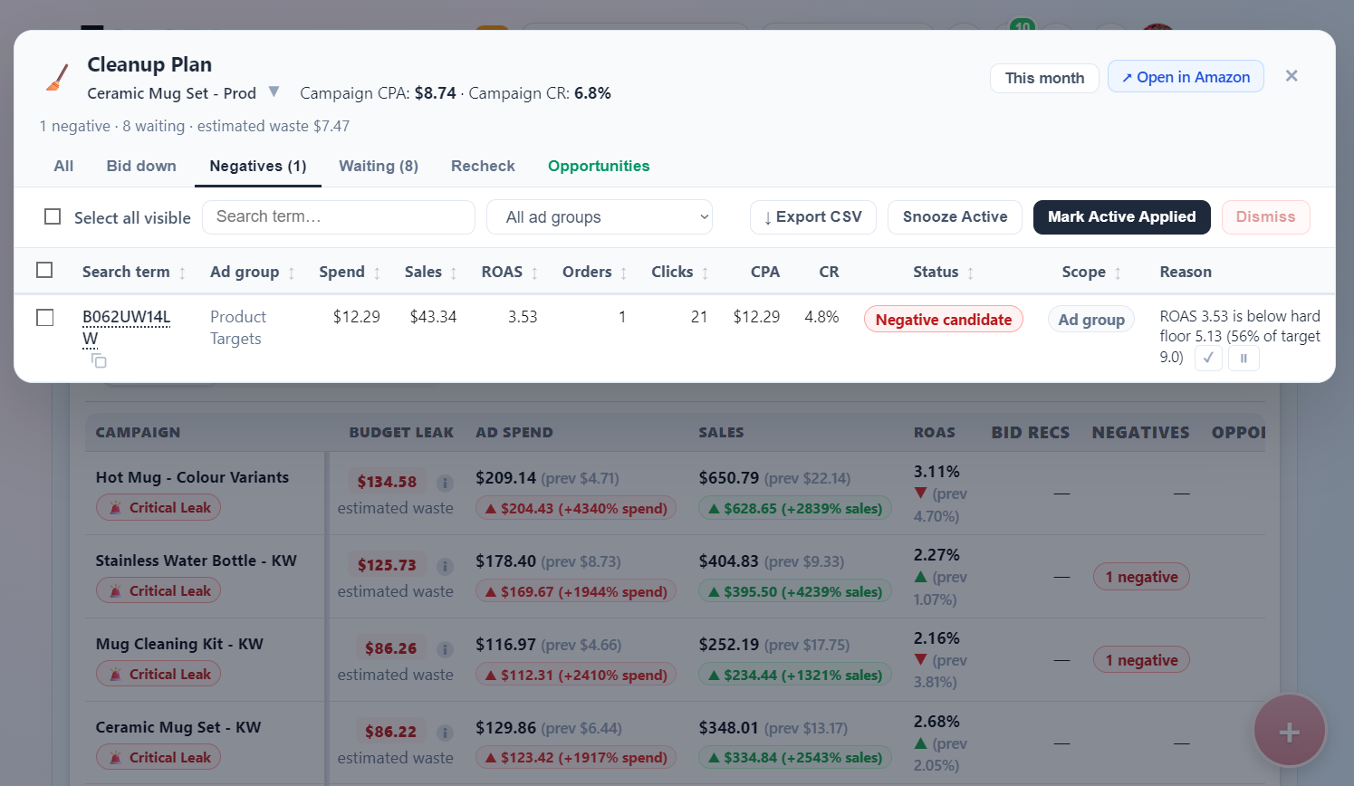Todoza Amazon Ads analytics screen with search term cleanup recommendations